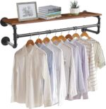 medla Clothes Rack Wall Mounted: Industrial Pipe Cloth Hanging Stand with Top Shelf Heavy Duty Clothing Hanger Rod Iron Garment Storage Bar Laundry Drying Rail for Wardrobe Bedroom Closet 100cm Long