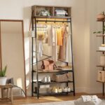 Bestier Clothes Rack with Shoe Bench and LED Light, 4-in-1 Clothes Hanger Stand with Storage Cubes, Industrial Clothing Rack with Hooks & Grid Board for Entryway Bedroom Hallway, Pinewood
