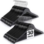 TOPIA HANGER Wooden Coat Hangers 30 Pack, Black Wood Suit Hangers with Non Slip Pants Bar, 360° Swivel Hook and Shoulder Notches for Camisole, Jacket, Pants, Smooth Finish Clothes Hangers -CT34B30