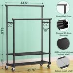 Rolling Clothes Rack with Doule Rod for Hanging, Heavy Duty Metal Garment Rack Load 350 LBS with Lockable Wheel, Free Standng Clothing Rack with 2 Shelves and Side Hooks for Home Commercial, Black - Image 7