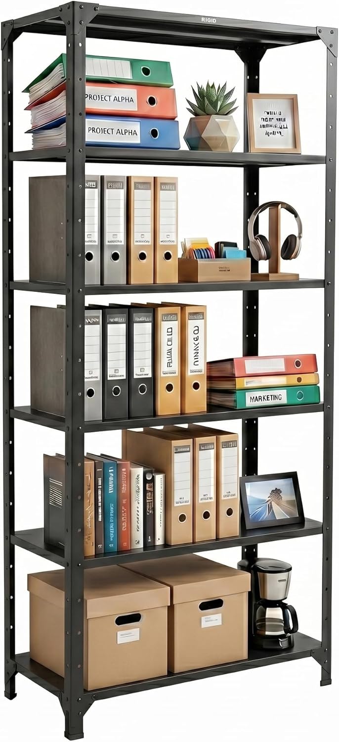 71DZS-aNrfL._AC_SL1500_.jpg RIGID Metal Slotted Angle Rack | 5 Tier Storage Shelf Organizer | Heavy Duty Multipurpose Rack for Kitchen Living Room Garage Storage (Black, 205x91.7x45.5 cm) – Assembled - Image 1