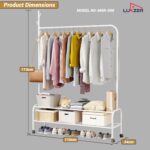 Lukzer Multipurpose Exquisite Single Pole Metal Garment Rack with 2 Bottom and Wheels Shelf Movable Clothing Stand Cloth Storage Organizer (White/34X120X173cm) - Image 2