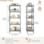 5-Tier Storage Shelves Metal Wire Shelving Unit Storage Rack Height Adjustable Pantry Shelves with 5 Hooks & Shelf Liners for Living Room, Kitchen, Bathroom 21.2 W x 11.4" D x 59" H (Silver) - Image 3