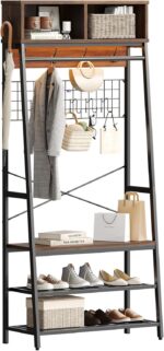 Bestier LED Clothes Rack with Shoe Bench, 4-in-1 Clothes Hanger Stand with Storage Cubes, Industrial Coat Rack with Hooks & Grid Board, Freestanding Cloth Hanger for Entryway Bedroom, Walnut - Image 8