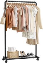Sakugi Clothes Rack with Wheel & Storage Mesh Shelf, Garment Rack for Hanging Clothes, Coats, Dresses & Shoes, Easy Assembly, Black, 150 × 73 × 37.5 cm