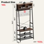 Bestier LED Clothes Rack with Shoe Bench, 4-in-1 Clothes Hanger Stand with Storage Cubes, Industrial Coat Rack with Hooks & Grid Board, Freestanding Cloth Hanger for Entryway Bedroom, Walnut - Image 4