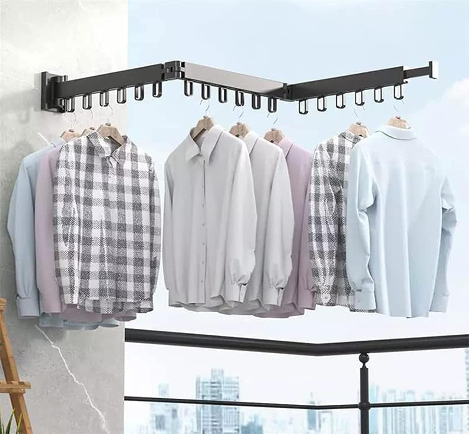 71FmmTXuOpL._AC_SL1500_.jpg Wall Mount Foldable Drying Rack Folding Clothes Hanger No-Drill Retractable Clothesline for Home Laundry Balcony Bedroom Trifold Hole free clothes rack - Image 1