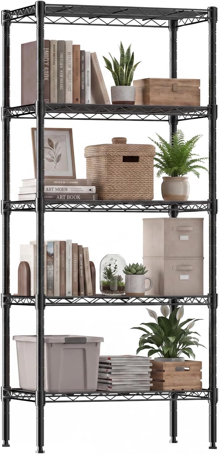 71Ggosgt52L._AC_SL1500_.jpg DUMOS 5-Tier Metal Wire Storage Shelves, Adjustable Standing Storage Rack Shelf, Heavy Duty Steel Shelving Unit Organizers for Kitchen Bathroom Pantry Garage, 23.2" W×13.4" D×59.8" H, Black - Image 1