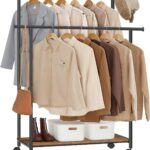 SONGMICS HSR152B01 Coat Rack with Wheels, Double Bar Coat Rack with Shelf, 98.5 cm Wide, 100 kg Total, Steel Frame, Rustic Brown and Black Ink