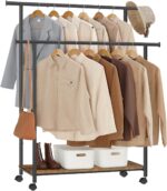SONGMICS HSR152B01 Coat Rack with Wheels, Double Bar Coat Rack with Shelf, 98.5 cm Wide, 100 kg Total, Steel Frame, Rustic Brown and Black Ink