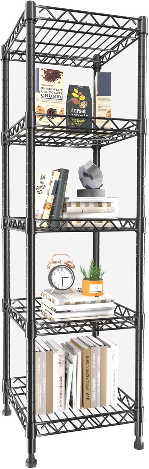 71H-MnU4suL._AC_SL1500_.jpg GIOTORENT 5 Tier Standing Shelving Metal Units, Adjustable Height Wire Shelf Display Rack for Laundry Bathroom Kitchen 11.8" W x 11.8" D x 50" H, Black (Black, 11.8 W x 11.8 D x 50 H) - Image 1