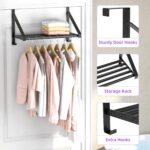 Over The Door Clothes Hanger with 2 Hooks, Stainless Steel Over The Door Hangers for Clothes with Storage Rack, Clothing Hanger Drying Racks for Laundry, Washroom, Fits Door Up to 1.77", Matte Black - Image 2