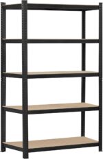 Topeakmart 5-Tier Utility Shelves, Metal Storage Shelves Garage Shelving Unit Adjustable Garage Storage Shelves Storage Racks Heavy Duty Shed Shelving- Black, 35.5 x 16 x 71 Inch