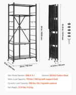 VEVOR 5-Tier Foldable Storage Shelf with Wheels, 28-inch W x 15-inch D x 64-inch H Folding Metal Rack Shelving Unit, Heavy Duty No Assembly Organizer Shelf for Garage, Kitchen, Basement, Black - Image 3