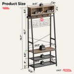 Bestier Clothes Rack with Shoe Bench and LED Light, 4-in-1 Clothes Hanger Stand with Storage Cubes, Industrial Clothing Rack with Hooks & Grid Board for Entryway Bedroom Hallway, Pinewood - Image 4