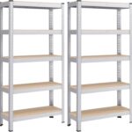 SONGMICS 5-Tier Shelving Unit, Set of 2 Steel Shelving Unit for Storage, Boltless Assembly, for Garage, Shed, Load Capacity 650 kg Each, 30 x 75 x 150 cm, Silver GLR030E02