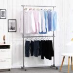 SONGMICS Adjustable Garment Rack Clothes Hanging Rail Stand with Middle Rail - Stainless Steel Clad Pipe LLR41L - Image 3
