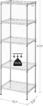 SONGMICS Kitchen Shelf, Metal Shelves, 5-Tier Wire Shelving Unit with 8 Hooks, Narrow Storage Rack with PP Shelf Liners, Height-Adjustable, for Bathroom, Silver ULGR115E01, 11.8”D x 15.7”W x 47.6”H - Image 3