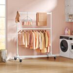 Hoctieon Double Rod Clothes Racks with Z-Base, Adjustable Clothing Rack, Standing Clothes Rack, Metal Clothing Racks for Hanging Clothes, Rolling Garment Rack, White - Image 6