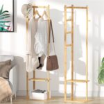 medla Bamboo Clothes Hanger Stand: Wood Cloth Rack with 3 Hanging Hooks and 2 Tier Shoe and Bag Storage Shelves Free Standing Coat Organizer for Hallway Home Office - Image 3