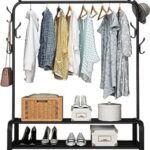 LUKSYOL Clothes Rack - Premium Metal Clothes Hanging Stand with Storage Shelf for Coats, Shoes, and More - Durable and Stylish Organizer for Bedroom and Bathroom Use (Black, 2 shelves | 1 Rail)