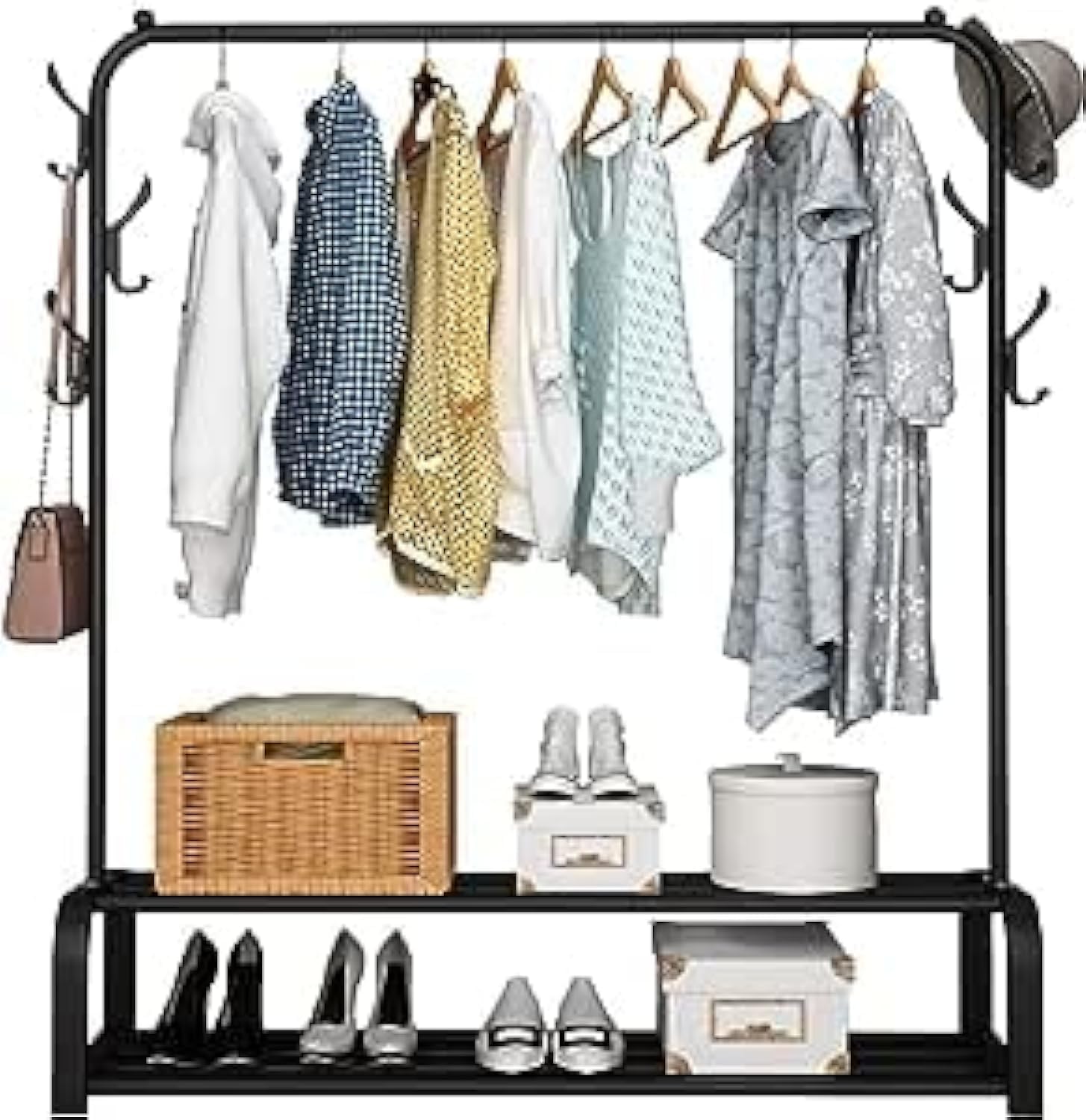 71J8hW0Zx4L._AC_SL1500_.jpg LUKSYOL Clothes Rack - Premium Metal Clothes Hanging Stand with Storage Shelf for Coats, Shoes, and More - Durable and Stylish Organizer for Bedroom and Bathroom Use (Black, 2 shelves | 1 Rail) - Image 1