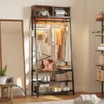 Bestier LED Clothes Rack with Shoe Bench, 4-in-1 Clothes Hanger Stand with Storage Cubes, Industrial Coat Rack with Hooks & Grid Board, Freestanding Cloth Hanger for Entryway Bedroom, Walnut