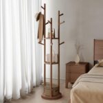 Solid Wood Rotary Coat Rack, Freestanding Coat Rack with 3 Shelves and 9 Hooks, Coat tree for Bedroom Entryway Livingroom Coat Hanger Stand for Coats Scarves, Handbags (Walnut) - Image 2