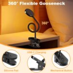 61 LED Rechargeable Reading Lamp, 3 Color Modes & 10 Brightness Levels, 2000mAh Clamp Lamp with USB-C, 40CM Flexible Gooseneck, Cordless Book Lamp Clamp Light for Bed, Table, Desk - Black - Image 3