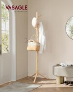 VASAGLE Wooden Coat Stand on Feet Tree Shaped 8 Hooks 3 Adjustable Heights for Clothes, Hats, Bags, Entryway, Living Room, Bedroom, Office, Woody Colour RCR004N01 - Image 2