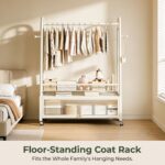 Freestanding Coat Rack with Storage Cabinet, Metal Garment Rack with Lockable Wheels & Wire Mesh Shelf Portable Closet Organizer Hanger Stand for Bedroom, Living Room, Cream White - 120cm - Image 2