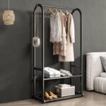 Freestanding Clothing Rack,Metal Garment Rack with Bottom Shelves and 6 Side Hooks,Black sturdy clothes racks for hanging clothes,Modern Wardrobe Organizer for Bedroom or Closet (L:31.5IN) - Image 4