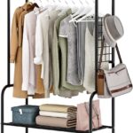 Clothing Rack Metal Garment Racks with Bottom Shelves Free-Standing Clothes Rack for Indoor Bedroom, Balcony, Hallway, Laundry (Black)