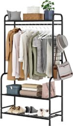 Clothing Rack Metal Garment Racks with Bottom Shelves Free-Standing Clothes Rack for Indoor Bedroom, Balcony, Hallway, Laundry (Black)