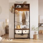 Bestier LED Clothes Rack with Shoe Bench, 4-in-1 Clothes Hanger Stand with Storage Cubes, Industrial Coat Rack with Hooks & Grid Board, Freestanding Cloth Hanger for Entryway Bedroom, Walnut - Image 6
