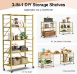 5 Tier Foldable Storage Shelves, Expandable Folding Shelving Units with Wheels, Changeable into 2 Shelf Units, Collapsible Adjustable Storage Rack Metal Shelves for Storage, Pantry, Garage, Gold - Image 4