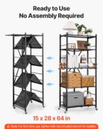 VEVOR 5-Tier Foldable Storage Shelf with Wheels, 28-inch W x 15-inch D x 64-inch H Folding Metal Rack Shelving Unit, Heavy Duty No Assembly Organizer Shelf for Garage, Kitchen, Basement, Black - Image 4