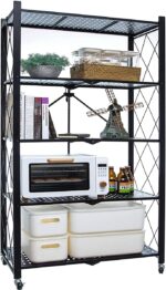 SHOWAY 5 Tier Storage Shelves for Kitchen Foldable Storage Shelf Rack, No Assembly Storage Shelving on Wheels for Kitchen Rolling Cart, Garage Bathroom Organizer, Book Shelving Unit - Black