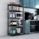 5-Tier Shelf Rack, Storage Shelf Display Rack For Kitchen Bathroom - Black, Adjustable, Stainless Steel, With Leveling Feet, Rolling Wheels, Hooks,160x75x35CM