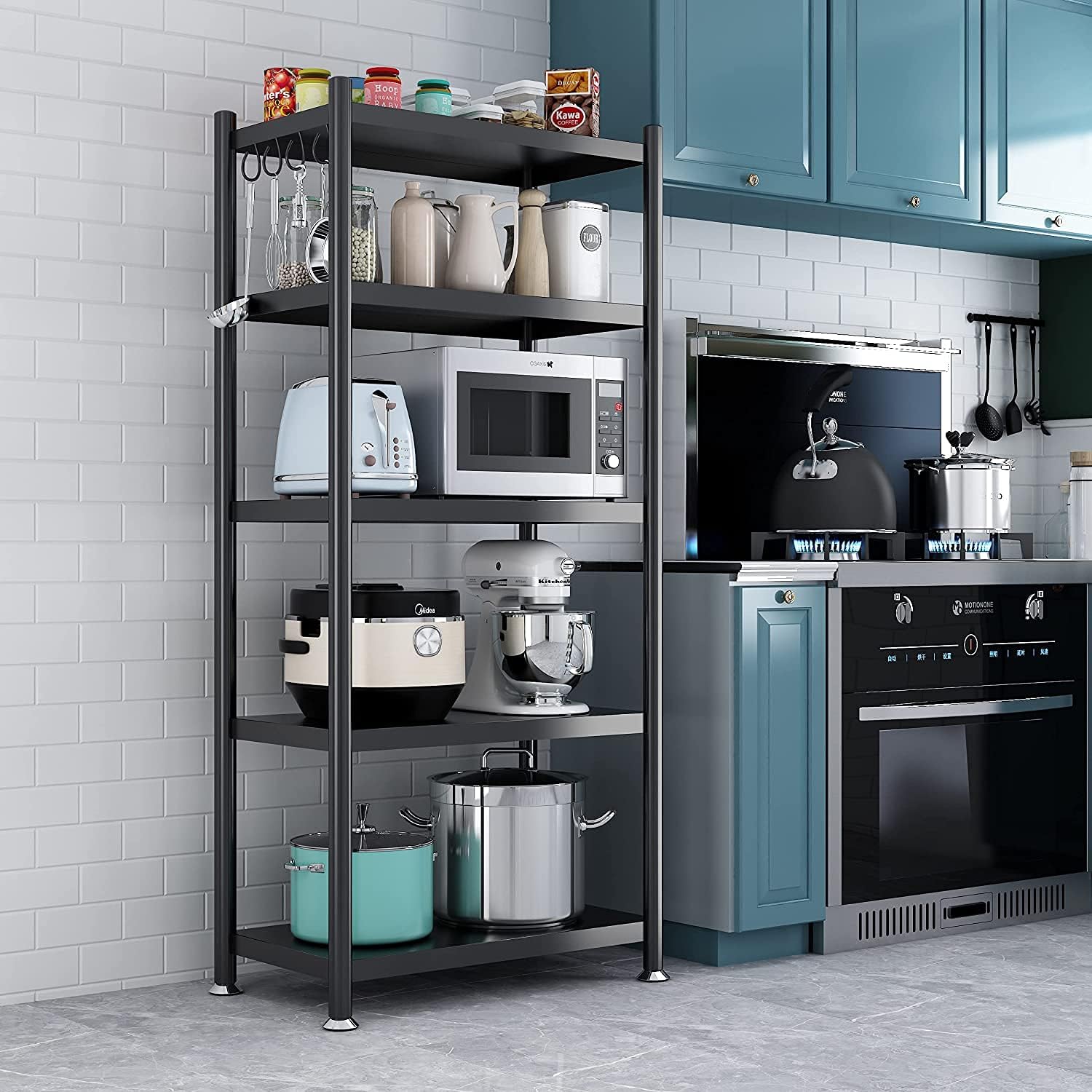 71L7h1bxWL._AC_SL1500_.jpg 5-Tier Shelf Rack, Storage Shelf Display Rack For Kitchen Bathroom - Black, Adjustable, Stainless Steel, With Leveling Feet, Rolling Wheels, Hooks,160x75x35CM - Image 1