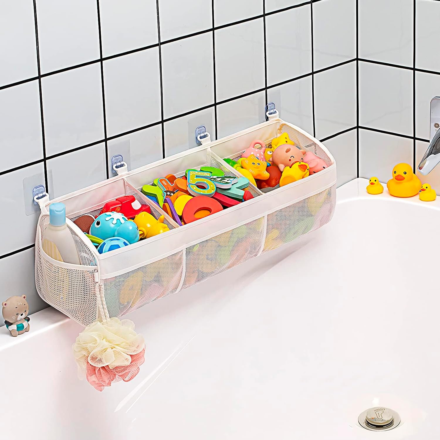 71LKsiSsr9L._AC_SL1500_.jpg PINKE 3 Compartment Bathtub Toy Storage Bag, Quick Access Bath Toy Holder, Baby Shower Games, Bath Tub Quick Dry, White - Image 1
