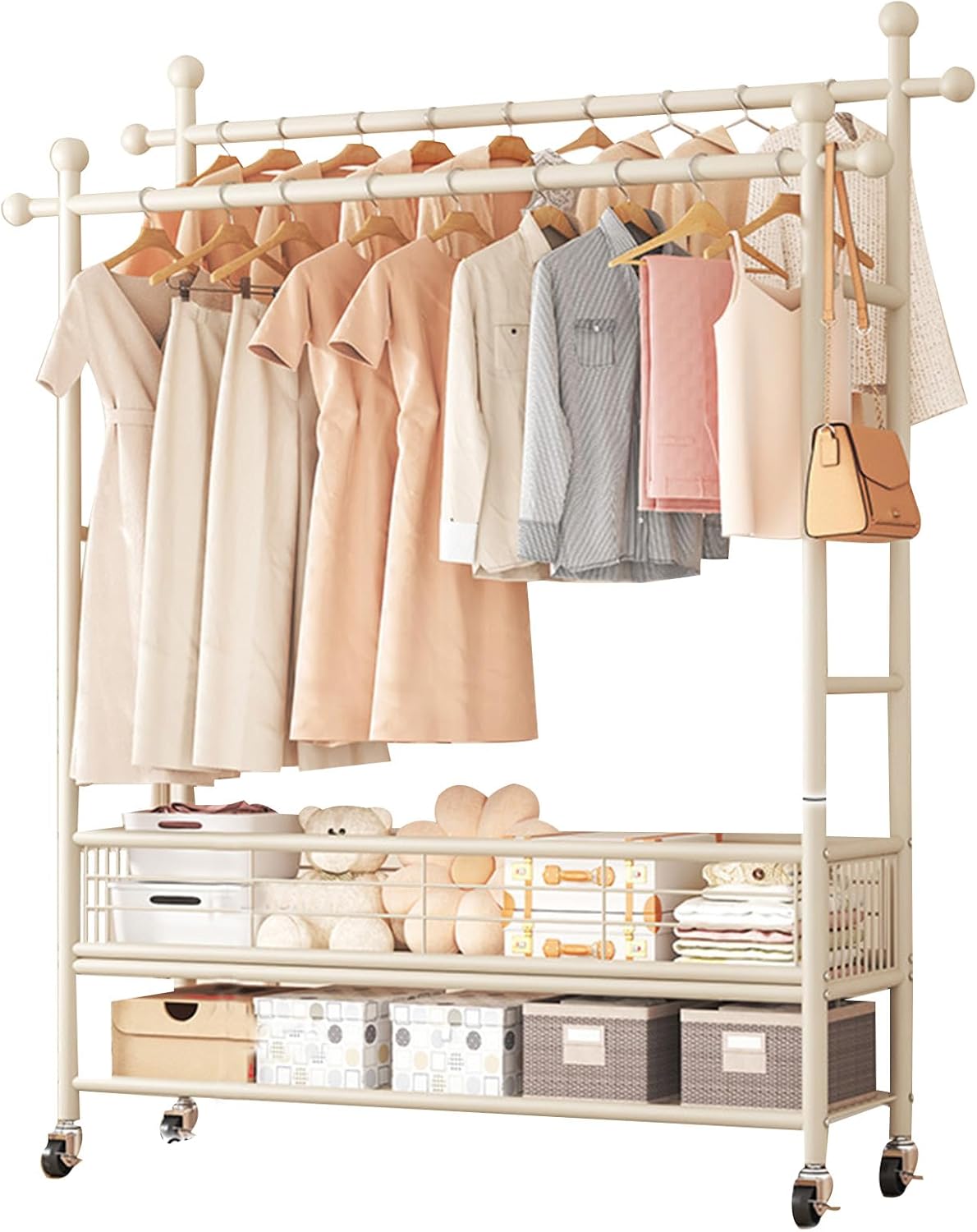 71LZFgLMnML._AC_SL1500_.jpg DAYONG 100CM Clothes Hanger Stand with Shelves, Free Standing Metal Garment Rack, Double Rails Clothes Rack,Bottom Storage Shelf With Wheels For Bedroom Garment Organizer - Image 1
