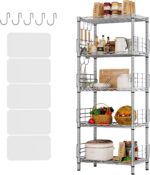 5-Tier Storage Shelves Metal Wire Shelving Unit Storage Rack Height Adjustable Pantry Shelves with 5 Hooks & Shelf Liners for Living Room, Kitchen, Bathroom 21.2 W x 11.4" D x 59" H (Silver)