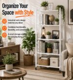 Toshionics 5 Tier Foldable Storage Shelves with Wheels [Heavy Duty] Metal Shelving unit - Kitchen Cabinet Self Storage Multipurpose Rack Book shleves Garage Easy Assembly 160x38x71 cm - White - Image 4