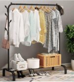 Black Metal Clothes Rack, Portable Single Pole Bedroom Clothing Rack with Wheels, Rod and Lower Storage Shelf for Indoor Use - Image 3