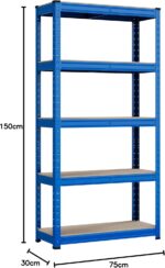 5 Levels 1500mm H x 750mm W x 300mm D Heavy Duty Steel Storage Shelving Garage Racking Unit 150KG UDL Per Shelf - Image 2