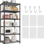 6-Shelf Storage Unit With Height Adjustable Shelves Levelling Feet,6-Tier Wire Shelving Unit,Metal Kitchen Rack with PP Shelf Liners,Storage Shelf for Pantry,Black 60 * 45 * 183CM