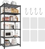 6-Shelf Storage Unit With Height Adjustable Shelves Levelling Feet,6-Tier Wire Shelving Unit,Metal Kitchen Rack with PP Shelf Liners,Storage Shelf for Pantry,Black 60 * 45 * 183CM