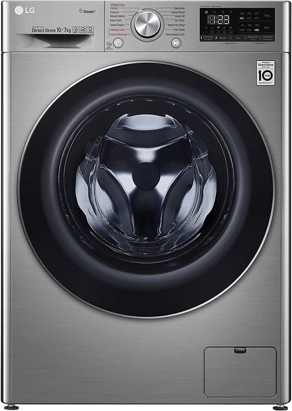 71NNvZO1IXL._AC_SL1350_.jpg LG 10 Kg Washer & 7 Kg Dryer Front Load AI DD Steam+ Bigger 1400 RPM Color Silver Model - F4V5RGP2T (International Version). - Image 1