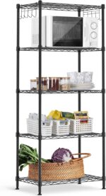 alvorog 5 Tier Shelving Units for Storage, Multipurpose Storage Shelves with 10 Hooks, Adjustable Height, Heavy Duty Metal Structure Organizer Pantry Shelves for Bathroom Kitchen Garage(59X34X150cm)